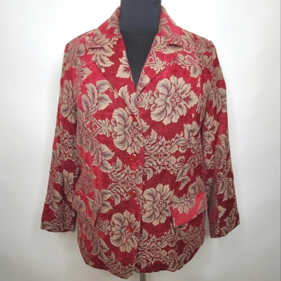 Vintage Floral Tapestry Jacket Size 1X Denim & Co. Lined Retro Button Up Blazer - Picture 1 of 13